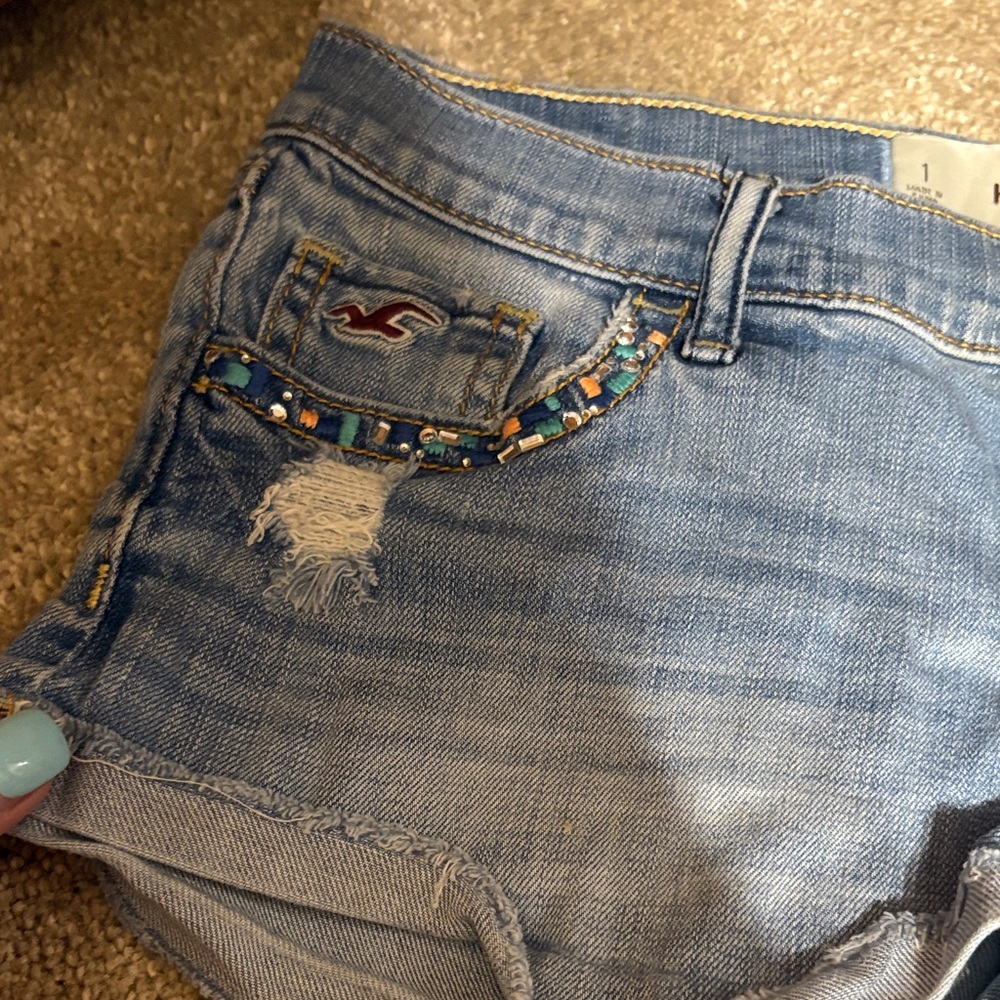 Hollister Light Blue Jean Shorts with Beaded Accents - Picture 3 of 8